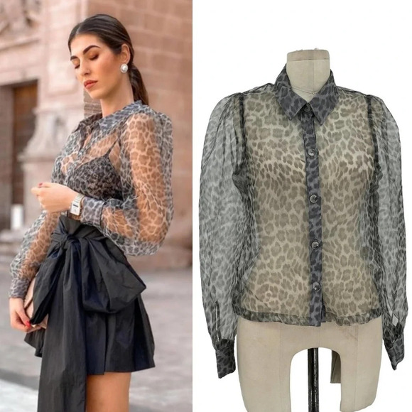 Zara Shirt Animal Print Organza Shirt Leopard Blouse Button Down Gray Size Small - Picture 1 of 9